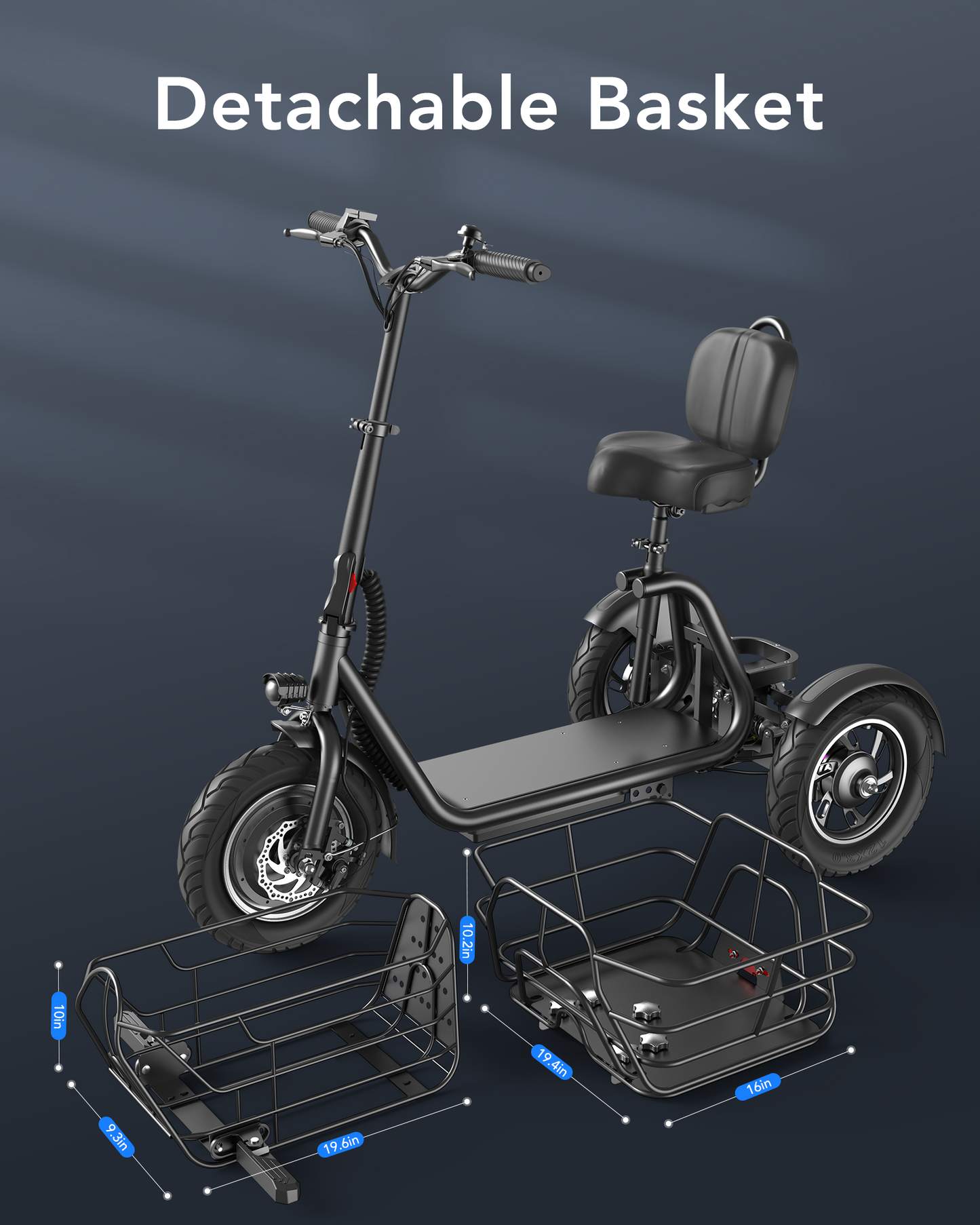 [Pre Order] Gyroor C5 Electric Trike with Removable Dual Baskets,1000W(Peak) & 30Miles