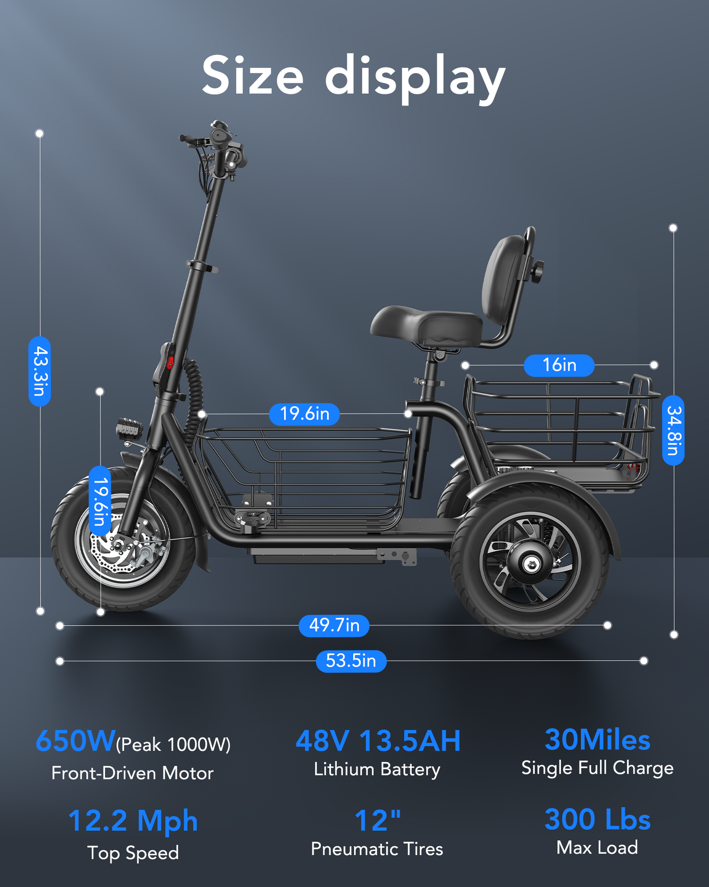 [Pre Order] Gyroor C5 Electric Trike with Removable Dual Baskets,1000W(Peak) & 30Miles