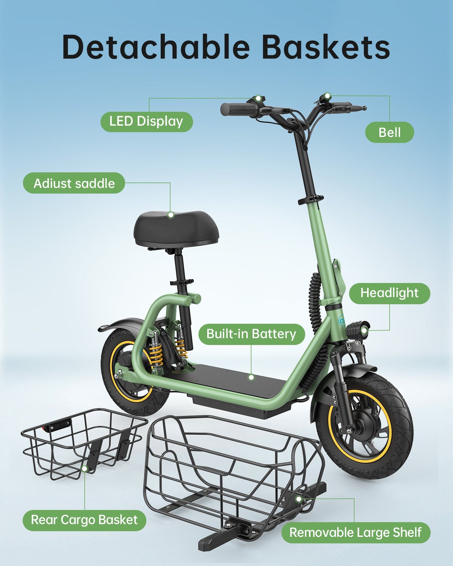 Gyroor C1 Pro 800W(Peak) Scooter – Dual Baskets for Cargo & Pets